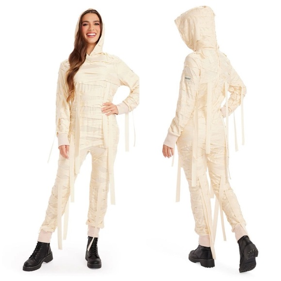 NWT Tipsy Elves Mummy Costume Onesie Jumpsuit Cream Halloween Hooded Sz M - Picture 1 of 15